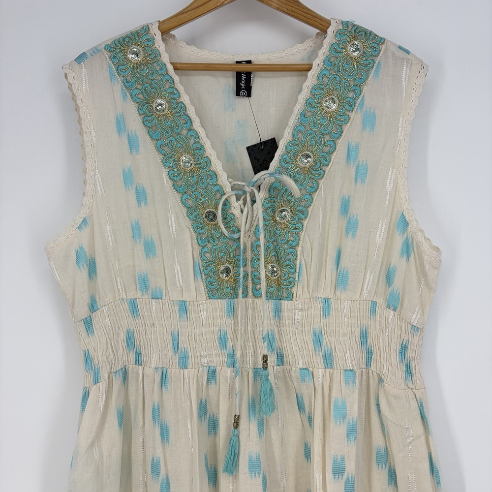 Anthropologie Me 2 Magic Maxi Dress 3X Large Boho Embroidery Metallic Blue Aqua